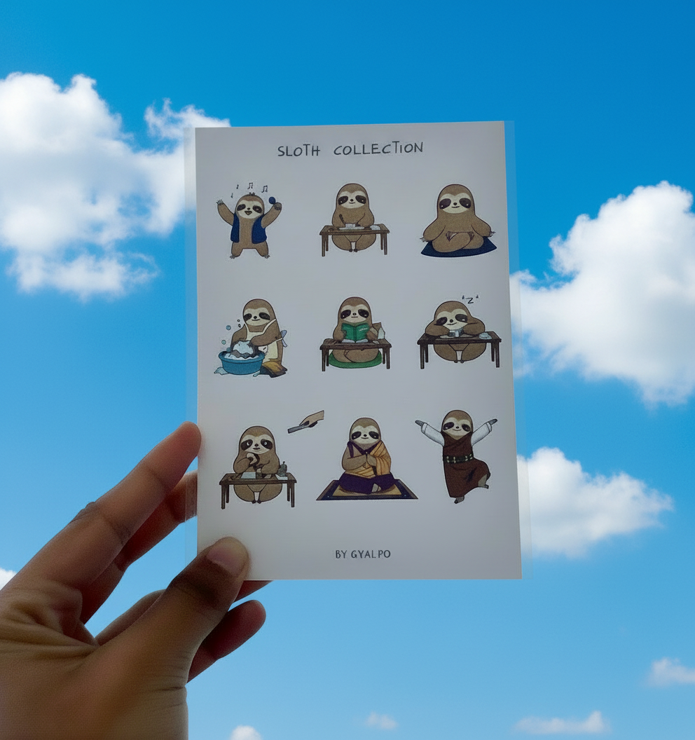 Sheet of sloth-themed stickers held against a clear blue sky