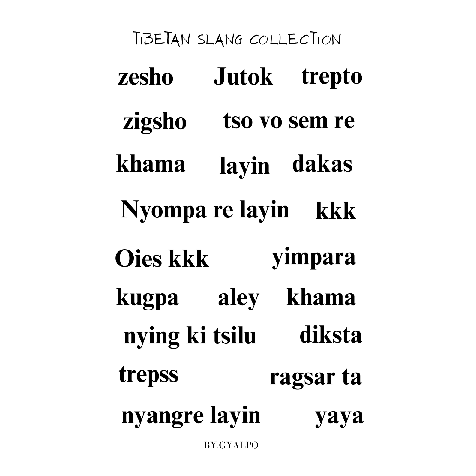 Tibetan slang collection with words and their transliterations on a white background