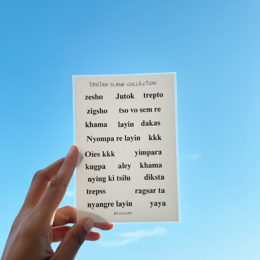 Hand holding the Tibetan slang collection sticker sheet
